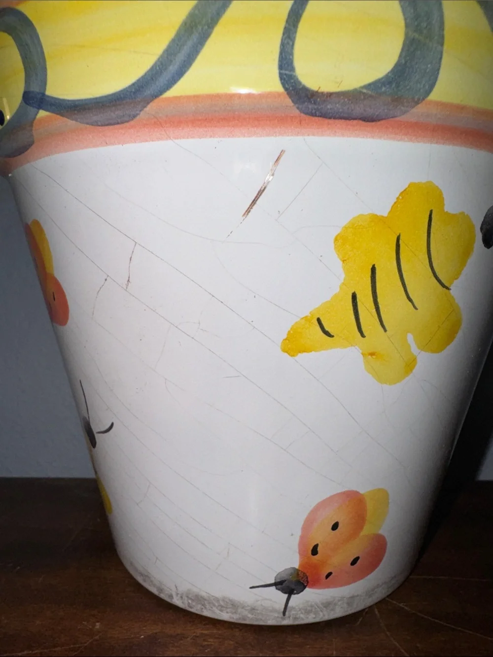 Vintage Hand-Painted Portuguese Ceramic Flower Pot/Planter Bees Ladybugs